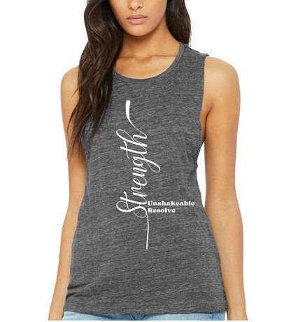 women's flowy tank grey with strength on the front